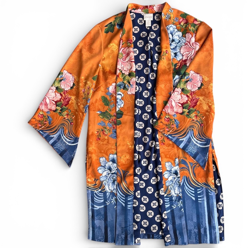 Chicos 1 Womens M Orange Blue Floral Open Front Drama Printed Kimono Jacket Chic